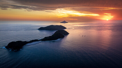 Sunset over Montão de Trigo and nearby islands — Barra do Una, São Paulo