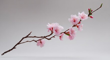 Delicate pink blossoms on a branch against a neutral background