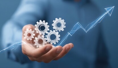 Businessman Holding Gears with Growing Arrow Chart.