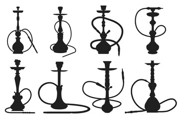 Hookah Silhouettes Collection. Set of artistic black hookah silhouettes with hoses and elegant shapes for lounge bar decoration tobacco culture design and Middle Eastern themed graphics.
