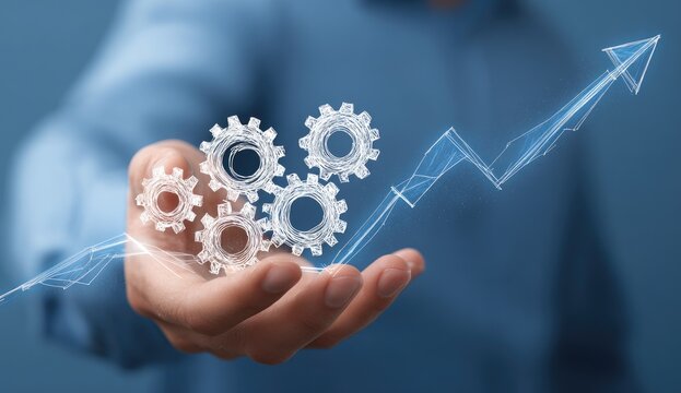 Businessman Holding Gears with Growing Arrow Chart.