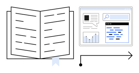 Open book next to an online interface with charts, search bar, and text. Ideal for education, knowledge sharing, research, digital learning, content strategy, analytics simple landing page