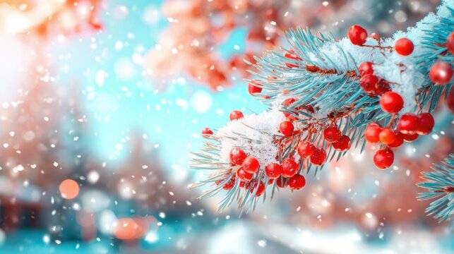 Snow-covered pine branch with bright red berries in a winter landscape