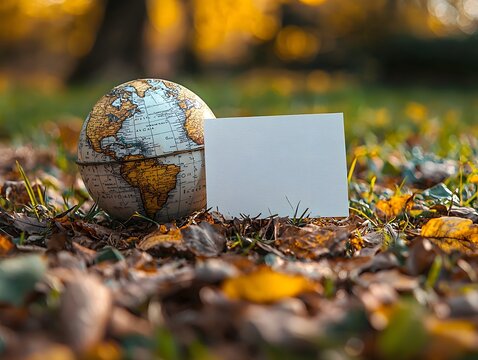 A small vintage globe rests on vibrant autumn leaves next to a blank white card symbolizing global education travel or an important environmental