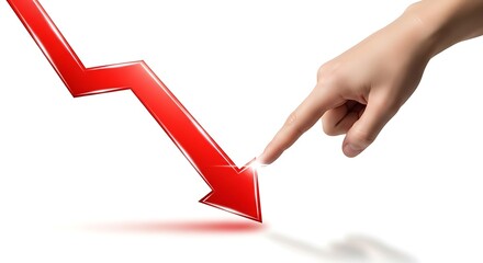 Hand pointing at a sharp downward trending red arrow indicating financial loss and economic downturn