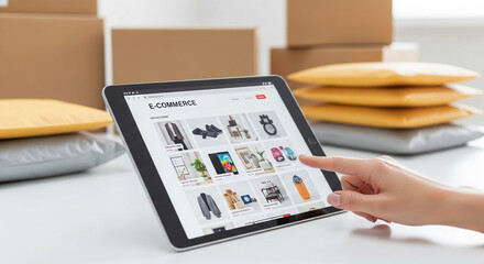 Photo of a persons finger points to a tablet displaying an ecommerce website with various products, surrounded by shipping packages and envelopes