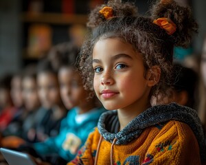 Young diverse student with curly hair and a joyful expression engaged in digital learning with a tablet in a modern classroom setting