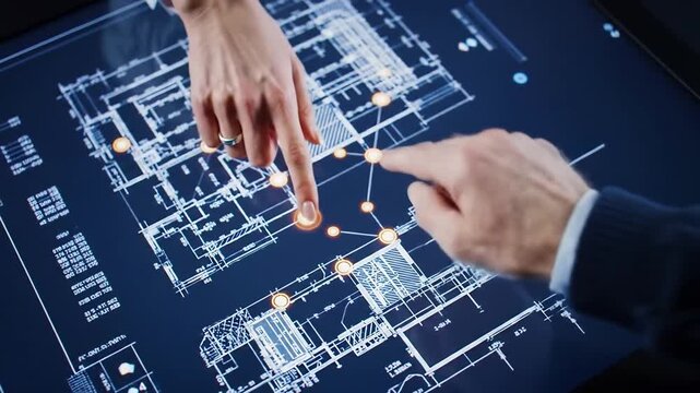 Architects collaborating on smart building plan interactive screen