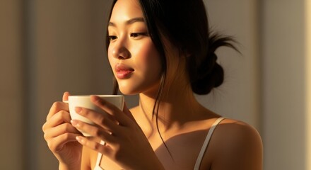 Young asian woman enjoying a warm cup of coffee in the morning sunlight, feeling relaxed and content