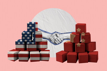 Full art image poster 3d banner collage of human handshake gesture pee usa chinese cubes confrontation import shipment trade