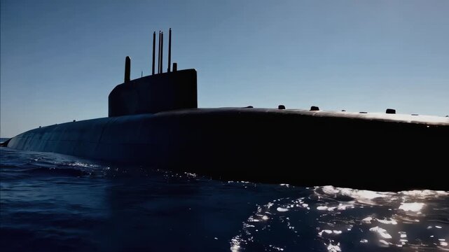 Modern submarine moves slowly through tranquil sea. Full-length shot shows massive scale of military warship