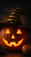 Illuminated jack-o'-lantern wearing striped witch hat, small pumpkins nearby, dark background, Halloween theme, festive autumn decoration
