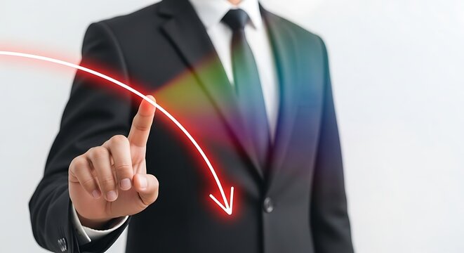 Business professional points to a downward trending red graph representing financial loss or economic decline on a