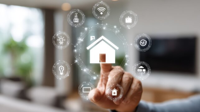 Modern Smart Home Innovation Interactive House Icon Button, Representing Future Concepts for Website Banners and Marketing Campaigns, Inspiring Technological Breakthroughs.