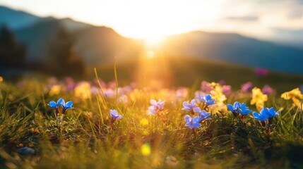 Vibrant wildflower landscape at end of day, suitable for advertisement, blog header, or environmental project