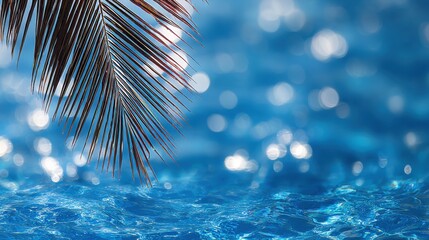 Lush palm leaves over shimmering blue water in a tropical resort setting