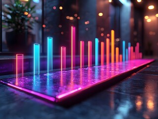 Vibrant neon bar graph illuminating a dark reflective surface symbolizing data visualization technological progress and dynamic market trends in a