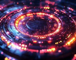 Dynamic abstract background featuring glowing red and blue concentric rings symbolizing advanced digital data flow and futuristic technology