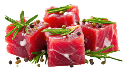 Appetizing Cubes of Fresh Meat: A mouthwatering display of fresh, raw meat cubes, meticulously seasoned with aromatic herbs and peppercorns.