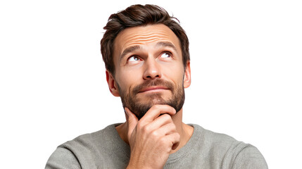 Thoughtful Gaze: A contemplative man gazes upwards, his hand thoughtfully touching his chin, embodying deep thought and introspection.