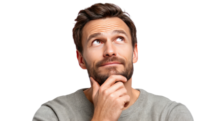 Thoughtful Gaze: A contemplative man gazes upwards, his hand thoughtfully touching his chin, embodying deep thought and introspection.