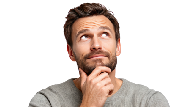 Thoughtful Gaze: A contemplative man gazes upwards, his hand thoughtfully touching his chin, embodying deep thought and introspection.