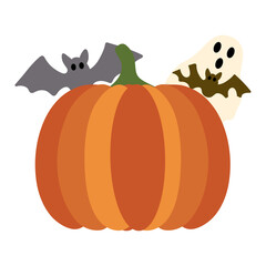 Pumpkin with Ghost and Bat Halloween Clipart PNG Transparent Kawaii Spooky Cute Cartoon Illustration