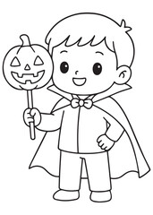 Coloring book of a boy in vampire cape holding a carved pumpkin