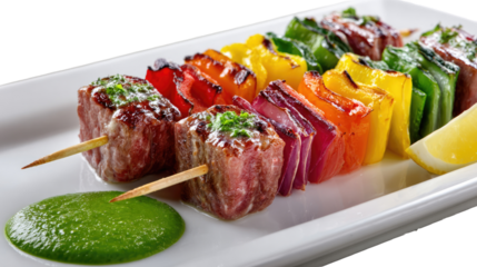 Grilled Skewers: A vibrant and appetizing array of grilled skewers, each artfully arranged with colorful peppers and tender meat, showcasing the mastery of culinary art.