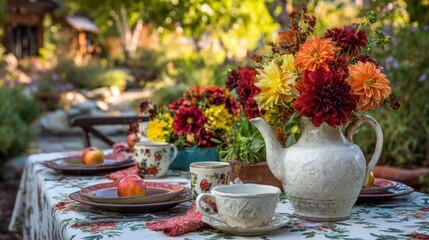 Fototapeta premium Beautiful outdoor table setting with flowers and fruit during autumn