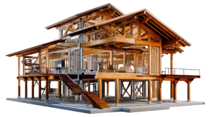 Architectural Masterpiece: An intricate architectural model showcases a beautifully crafted timber-frame house, revealing its detailed construction and design elements.