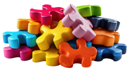 Colorful Puzzle Pieces: A vibrant array of interlocked puzzle pieces in various bright colors creates an eye-catching image, representing problem-solving and creativity