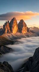 Fototapeta premium Majestic Tre Cime di Lavaredo Sunset Dolomites Italy Epic Mountain Peaks Above Cloudscape