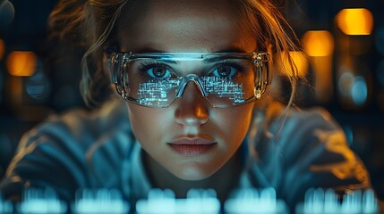 A focused scientist wearing futuristic safety glasses with digital circuit displays intently works in a high tech laboratory environment