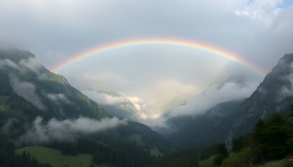 Majestic rainbow arching over a misty mountain valley, sunlight breaking through clouds.