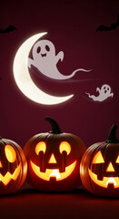 Three illuminated jack-o'-lanterns, crescent moon, ghosts, and bats on a dark background Halloween scene, ideal for autumn or spooky themed designs