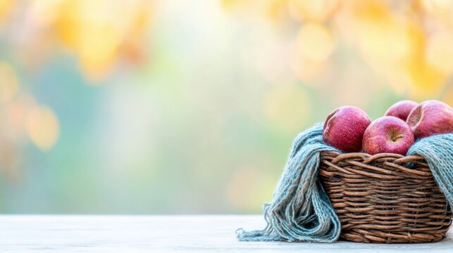 Fresh red apples in wicker basket with blue cloth outdoors in autumn - Powered by Adobe