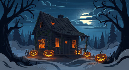 Spooky Halloween night scene with haunted house, pumpkins, and full moon.