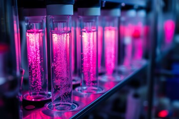 Neon-lit DNA splicing hubs filled with floating gene-editing sequences in semi-liquid plasma 