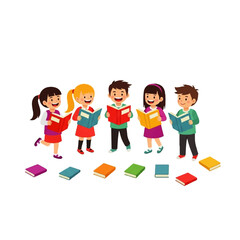 A joyful group of diverse cartoon children standing and reading books, illustrating the concept of education, literacy, and friendship