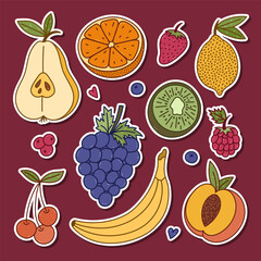 Lovely colourful doodle sticker sheet with tropical exotic fruits and berries for planners, notebooks, diary. Ready for print list of doodle stickers with pear, kiwi, peach, lemon, orange.