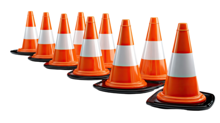 Traffic Cones Formation: A line of vibrant orange and white striped traffic cones, standing at attention. Symbol of warning and safety in construction sites or road work.