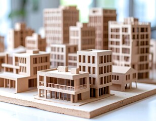 Miniature city model, light brown wood