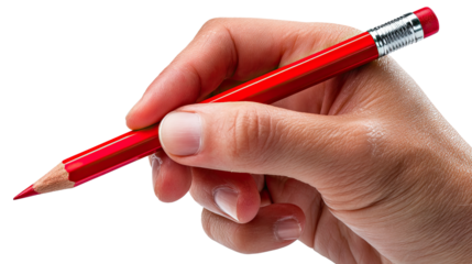 Pencil in Hand: The image captures a person's hand holding a red pencil, poised for writing. It emphasizes the focus on creative, drawing, or work-related.