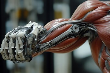 Organic muscle fibers grown around mechanical exoskeletons for enhanced biomechanical motion 