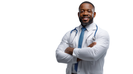Confident Medical Professional Portrait: A distinguished and smiling doctor stands with folded arms, radiating expertise and approachability. This image exudes trust and reliability in healthcare. 