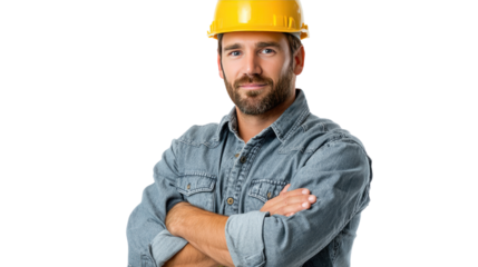 Confident Constructor: A skilled construction worker, radiating a sense of expertise, stands poised with folded arms, wearing a bright yellow helmet and a work shirt, embodying strength and readiness.