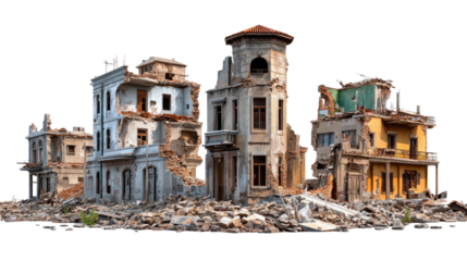 Destruction in Architectural Silhouette: The weathered facade of a building, bears witness to the ravages of time, or destruction.