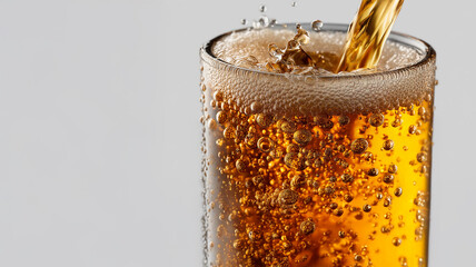 Pouring Cold Beer into Glass.A refreshing scene of chilled beer being poured from a bottle into a glass, nearly full with a thick foamy head on top