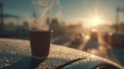 Hot Coffee Cup on Snowy Car Roof.A steaming hot cup of coffee placed on the frosty roof of a car covered with snow and ice crystals